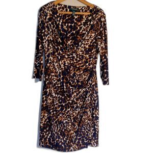 Lauren Ralph Lauren V-neck animal print Leopard sz. 12 wrap dress brown ruched
